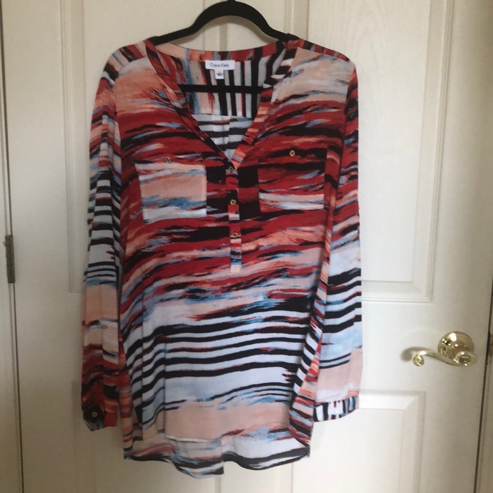 Calvin Klein Red, Black, White & Blue Striped Brushstroke Tunic